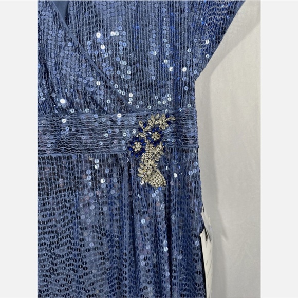 NWT $598 Mac Duggal [ 18 ]‎ Sequined Butterfly Sleeve Wrap A-line Gown Blue - Picture 10 of 15